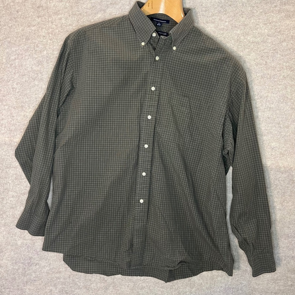 Weekend Classics Tommy Hilfiger Mens Olive Plaid Button Down Long Sleeve Shirt - Picture 1 of 6